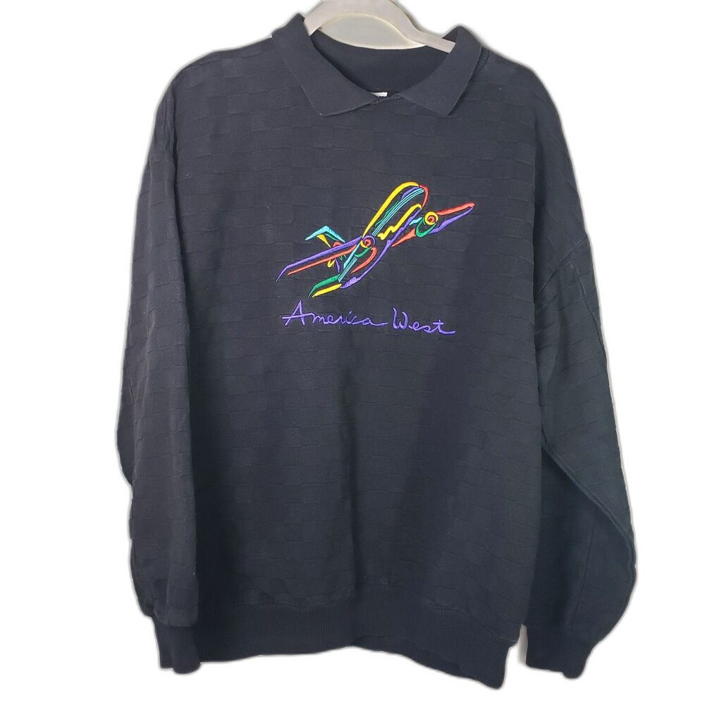 Men's 80s Vintage Retro Black America West Airlines Polo Sweatshirt